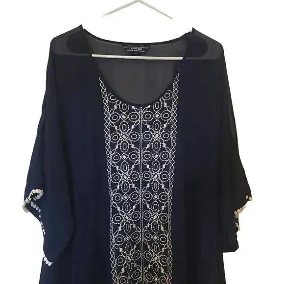 Lands' End Women's Navy Poly Georgette w White Embroidery Tunic Cover Up - Picture 3 of 11